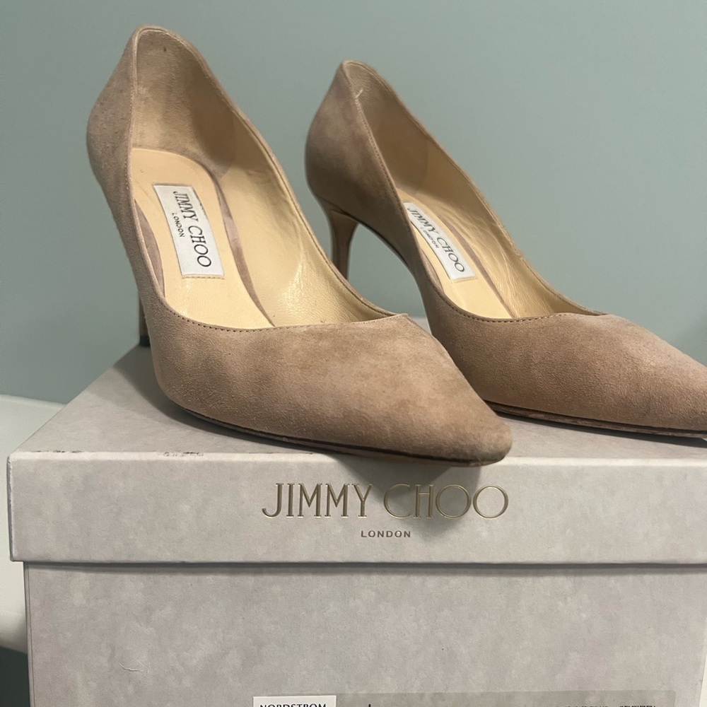Jimmy Choo Women's “ Ballet Pink” Nude Suede Pumps - Romy 85mm